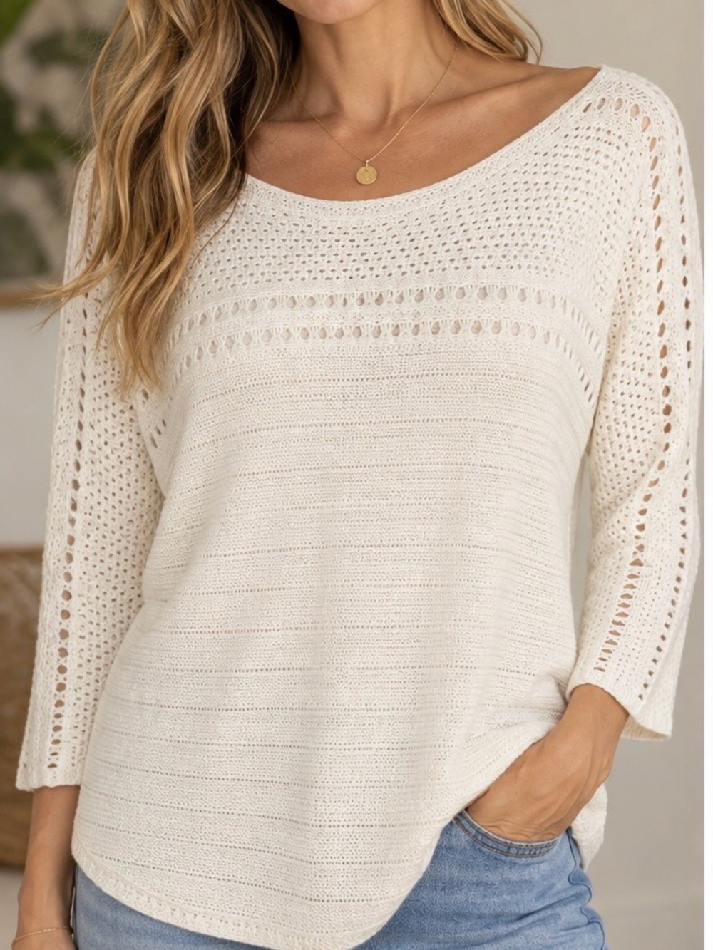 ZOZO White Open Knit Crochet Sweater Top Size L NWT